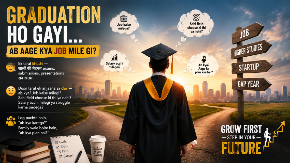 Young Indian graduate standing at a career crossroads with office and freelancing paths, explaining why a traditional office job is better for freshers and how to build a strong career foundation after graduation.