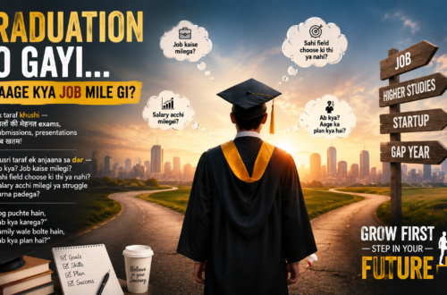 Young Indian graduate standing at a career crossroads with office and freelancing paths, explaining why a traditional office job is better for freshers and how to build a strong career foundation after graduation.