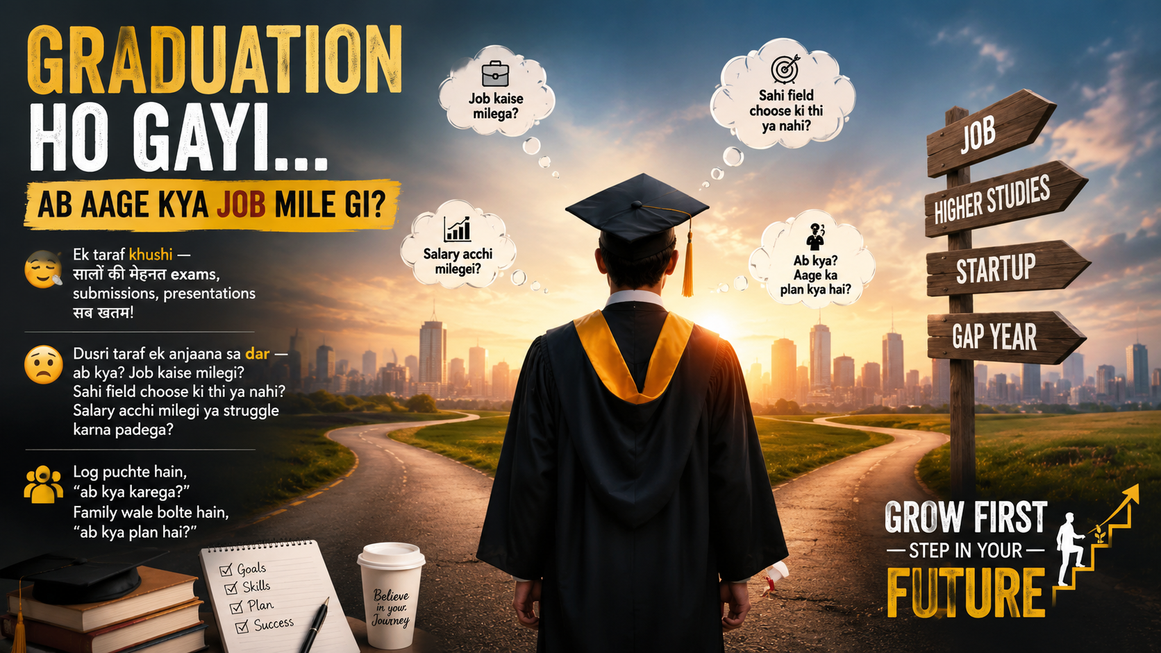 Young Indian graduate standing at a career crossroads with office and freelancing paths, explaining why a traditional office job is better for freshers and how to build a strong career foundation after graduation.
